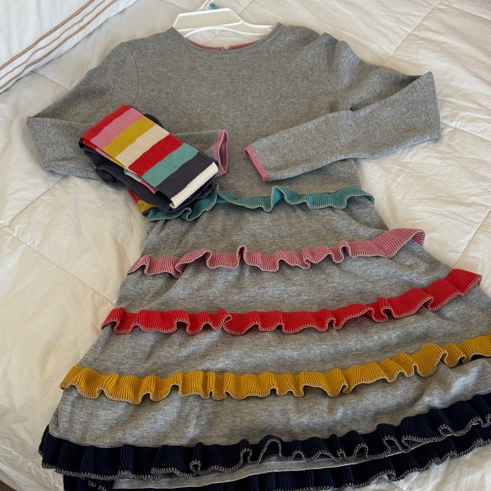 Mini Boden Gray Sweater Dress with Colorful Ruffles and matching tights!